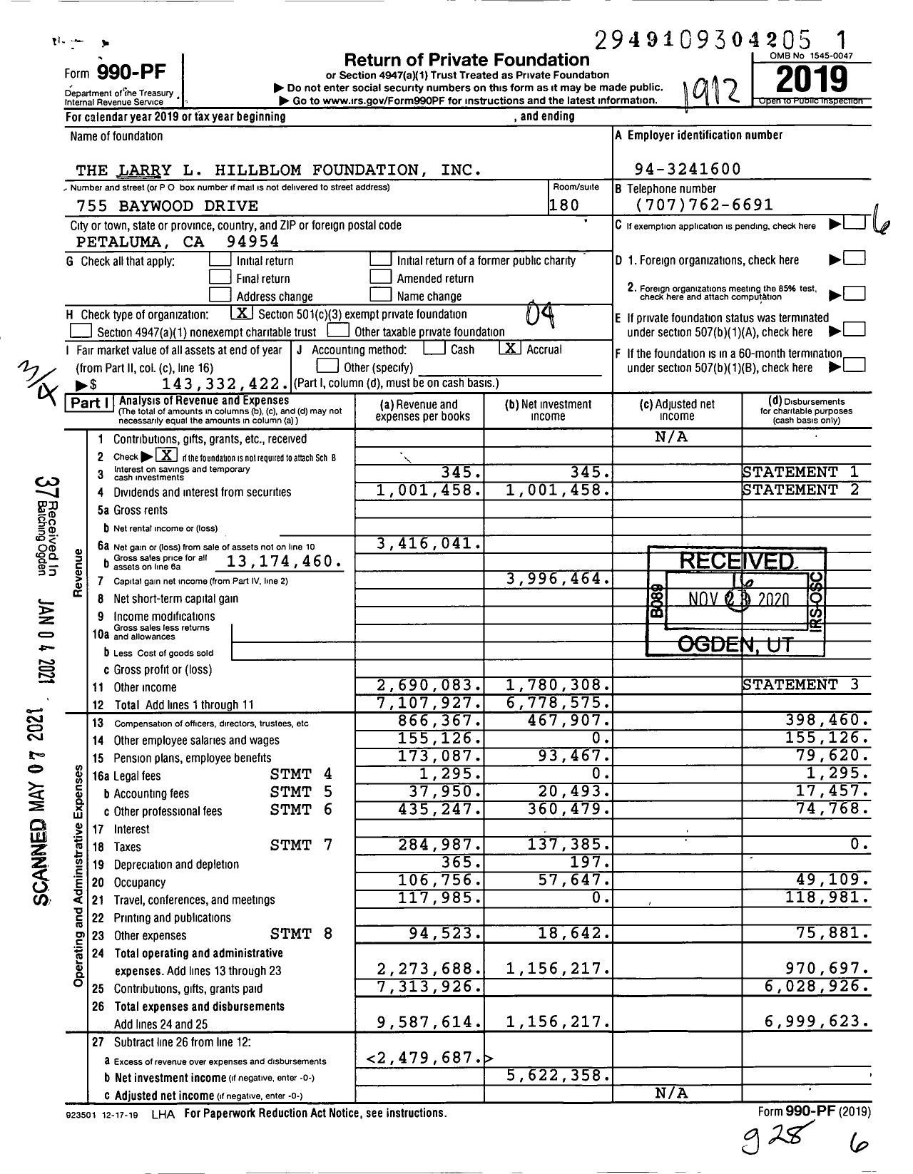 Image of first page of 2019 Form 990PF for Larry L. Hillblom Foundation