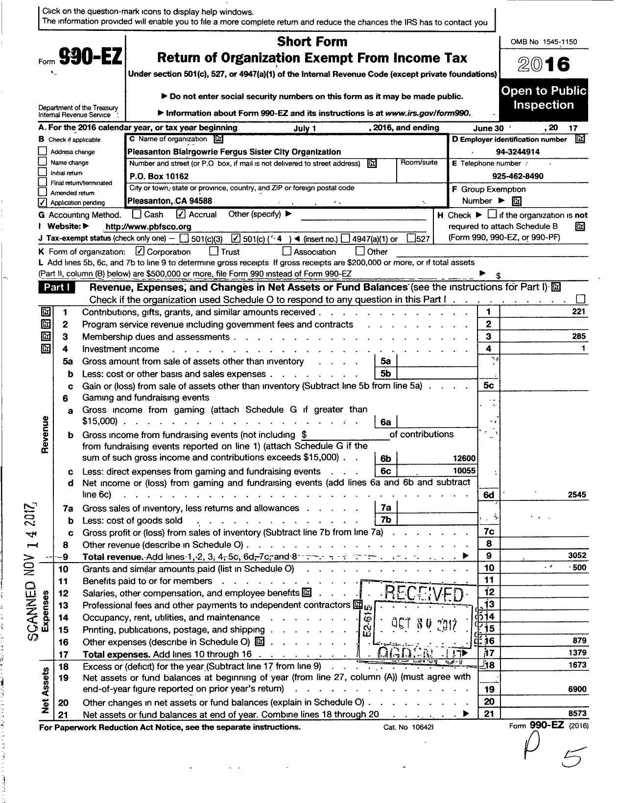 Image of first page of 2016 Form 990EO for Pleasanton-Blairgowrie Sister City Organization