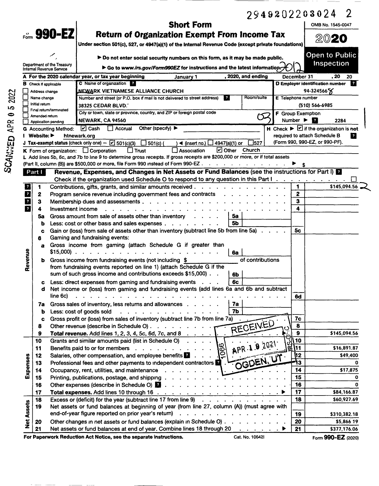 Image of first page of 2020 Form 990EZ for Newark Vietnamese Alliance Church