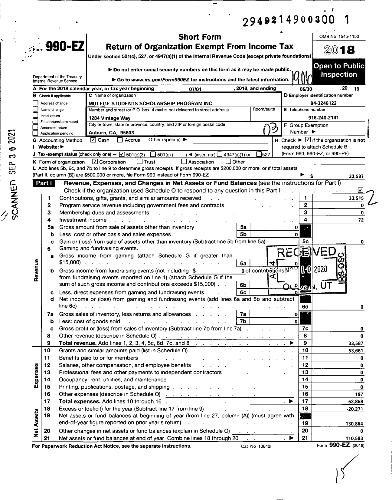 Image of first page of 2018 Form 990EZ for Mulege Students Scholarship Program