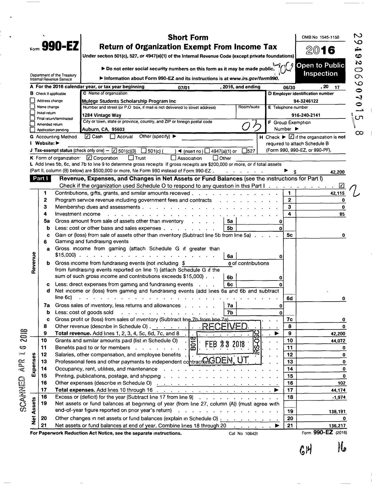 Image of first page of 2016 Form 990EZ for Mulege Students Scholarship Program