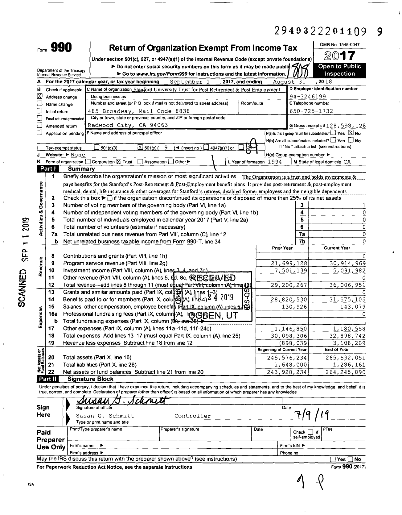 Image of first page of 2017 Form 990O for Stanford University Trust for Post Retirement and Post Employment Benefits