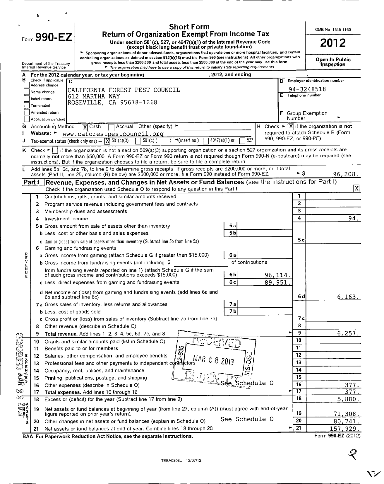 Image of first page of 2012 Form 990EZ for California Forest Pest Council