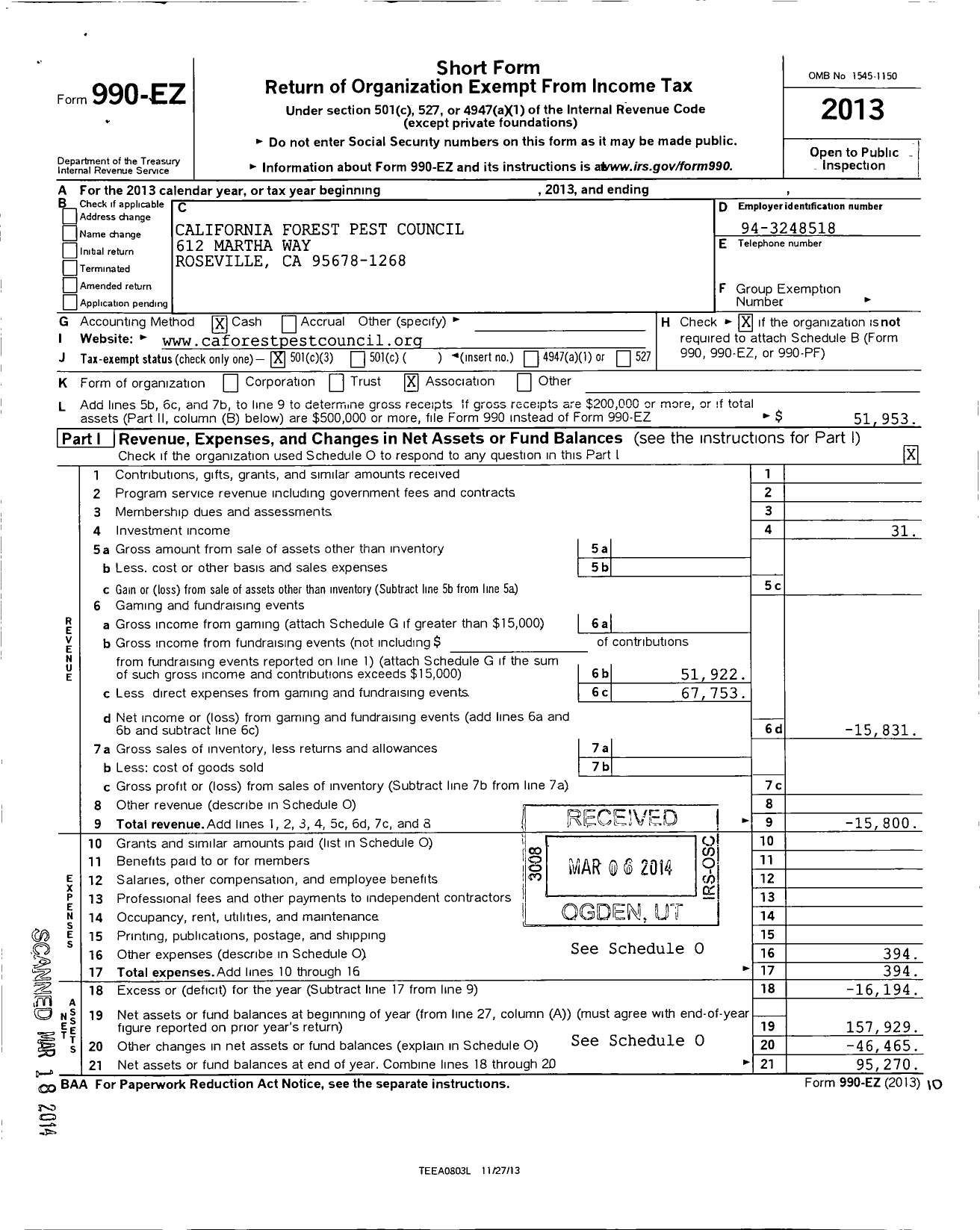 Image of first page of 2013 Form 990EZ for California Forest Pest Council