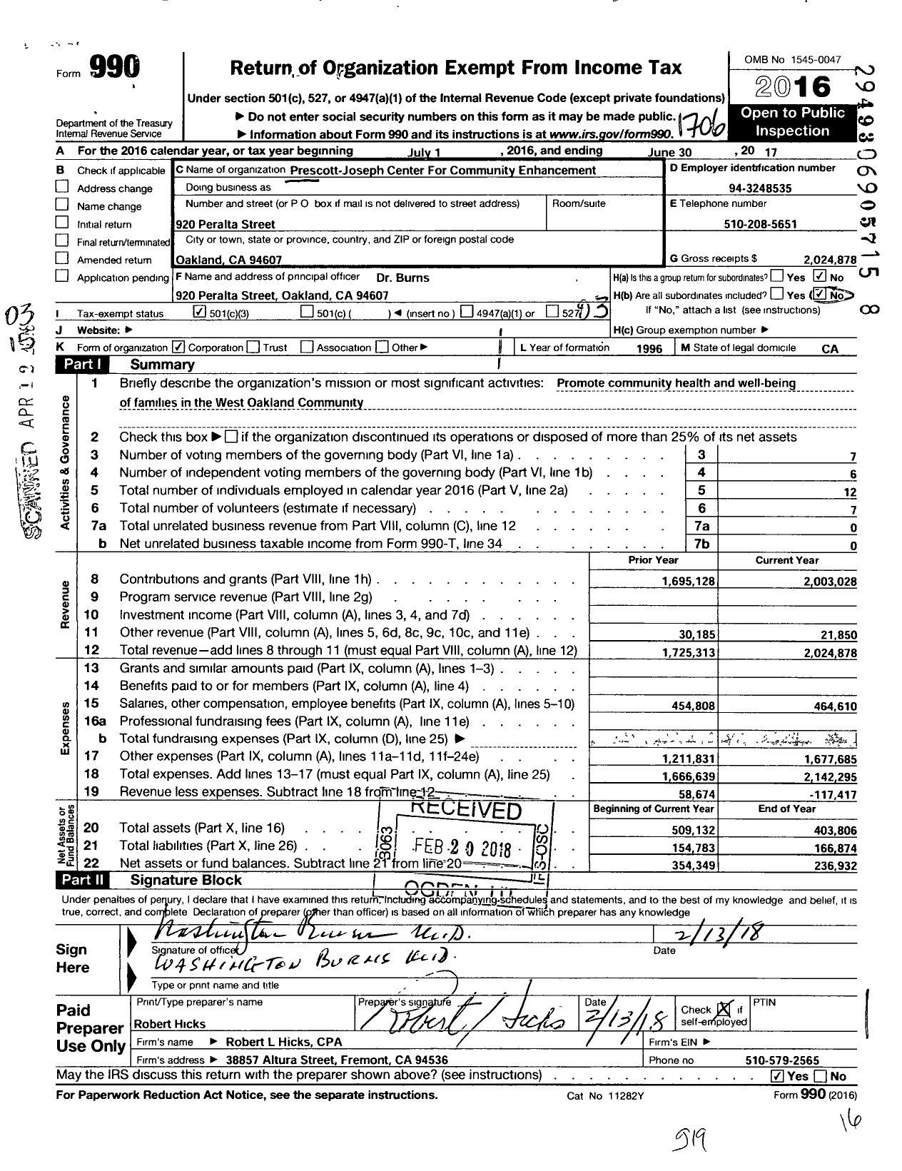 Image of first page of 2016 Form 990 for Prescott Joseph Center for Community Enhancement