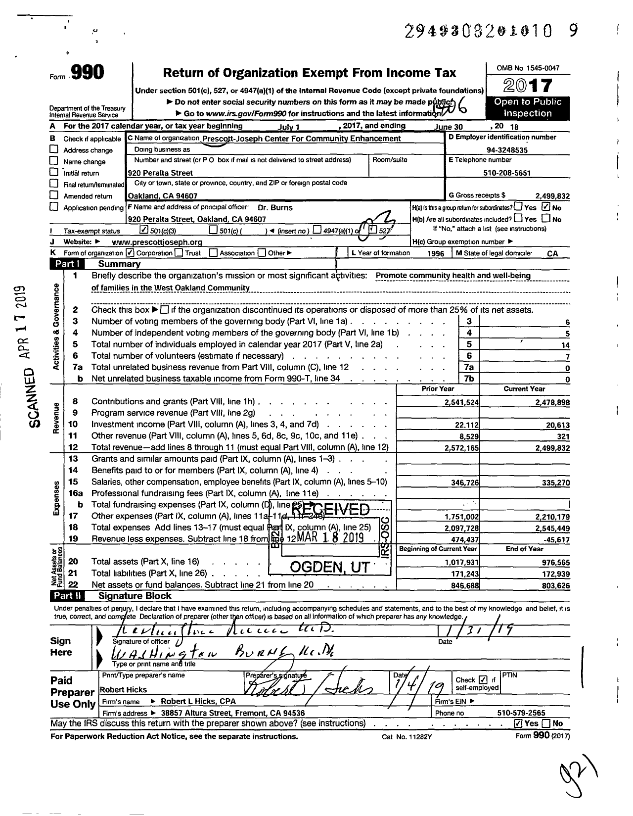 Image of first page of 2017 Form 990 for Prescott Joseph Center for Community Enhancement