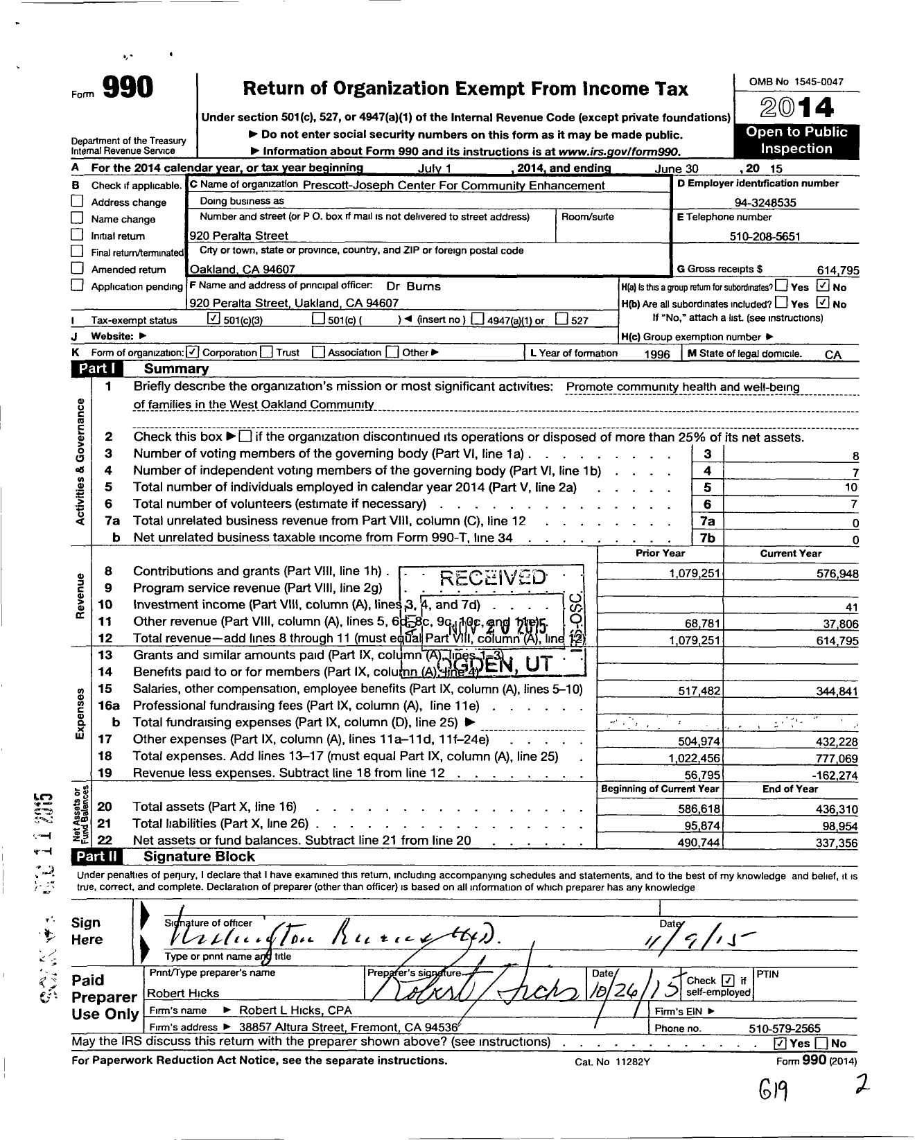 Image of first page of 2014 Form 990 for Prescott Joseph Center for Community Enhancement