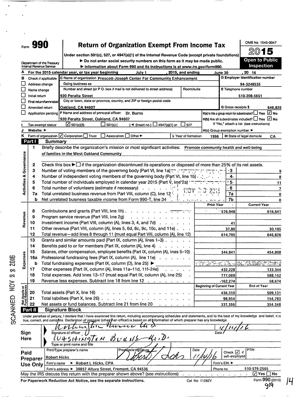 Image of first page of 2015 Form 990 for Prescott Joseph Center for Community Enhancement