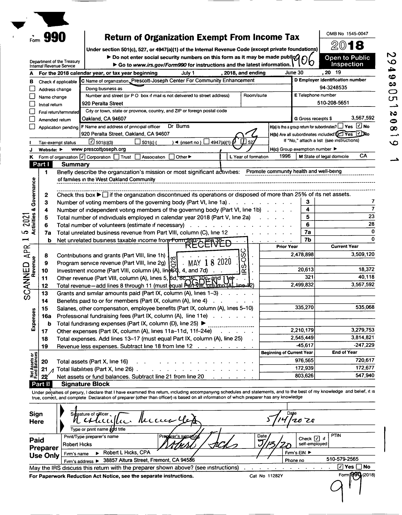 Image of first page of 2018 Form 990 for Prescott Joseph Center for Community Enhancement