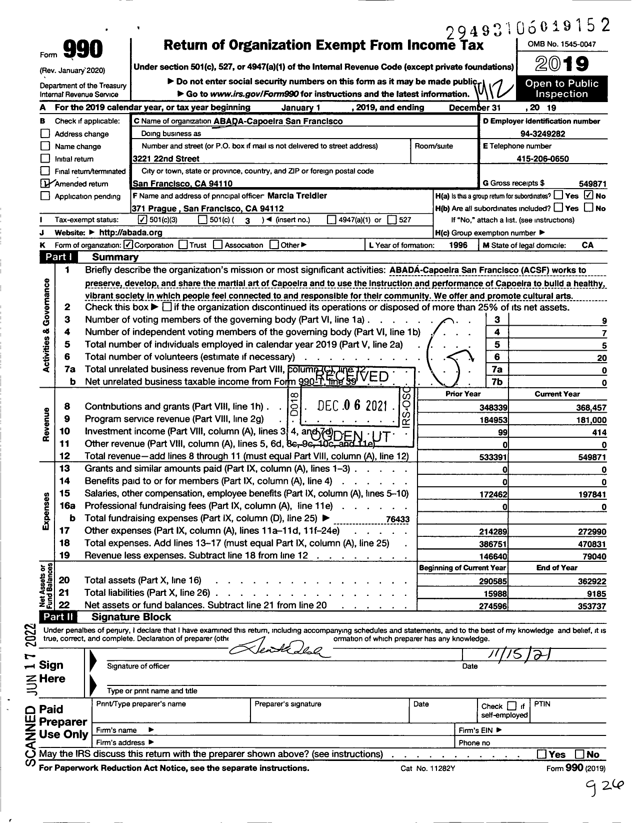 Image of first page of 2019 Form 990 for Abada-Capoeira San Francisco