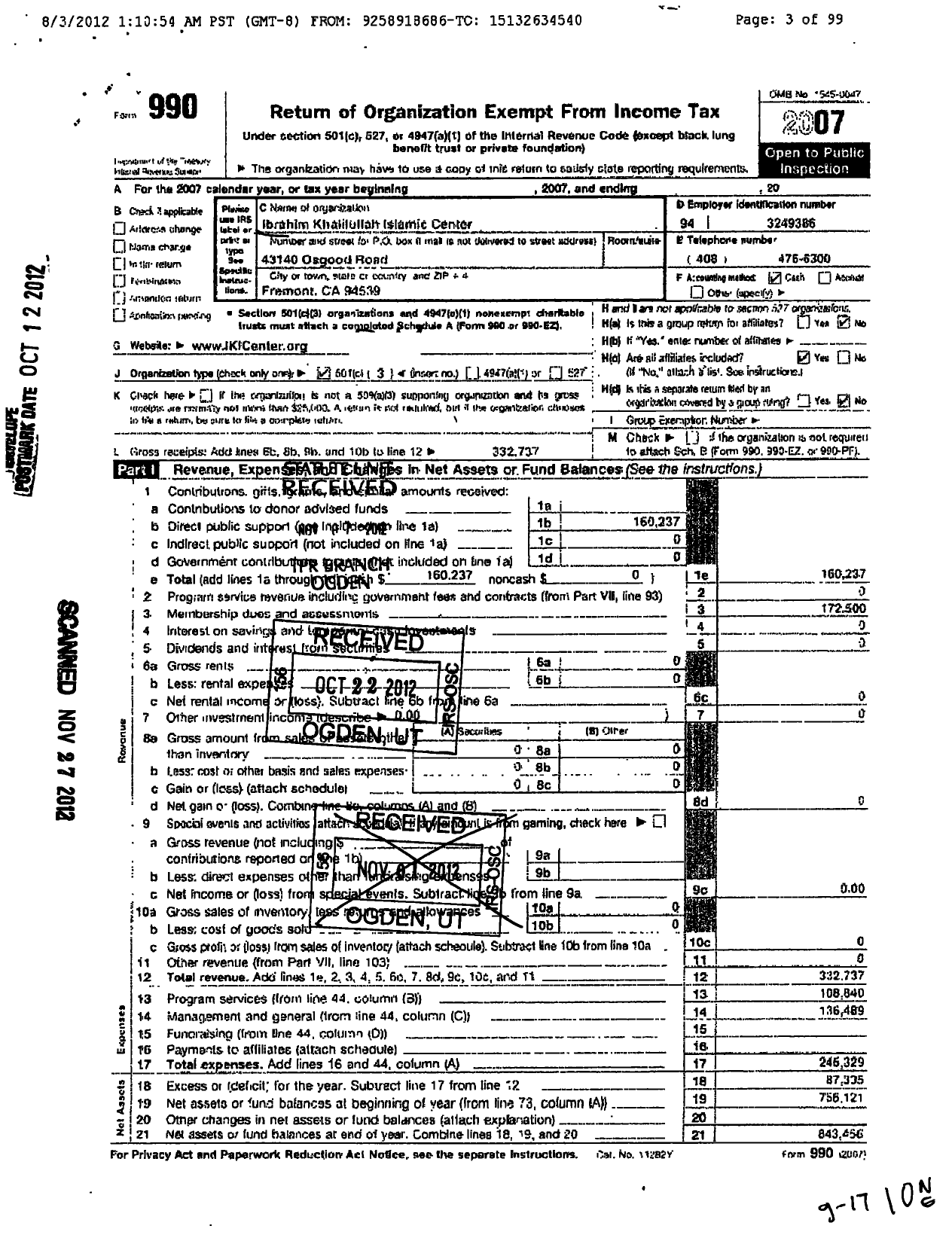 Image of first page of 2007 Form 990 for Ibrahim Khalilullah Islamic Center