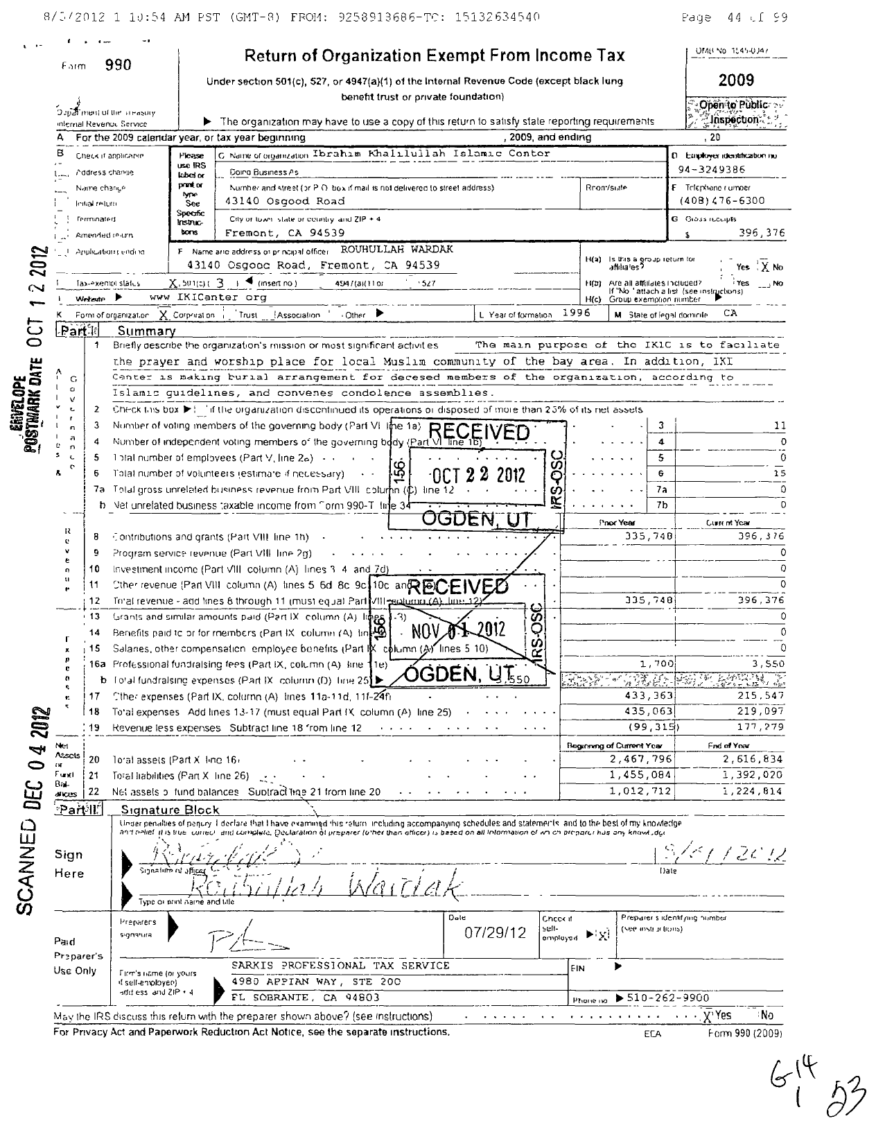 Image of first page of 2009 Form 990 for Ibrahim Khalilullah Islamic Center