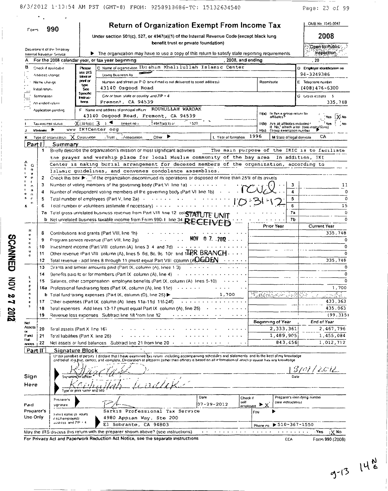 Image of first page of 2008 Form 990 for Ibrahim Khalilullah Islamic Center