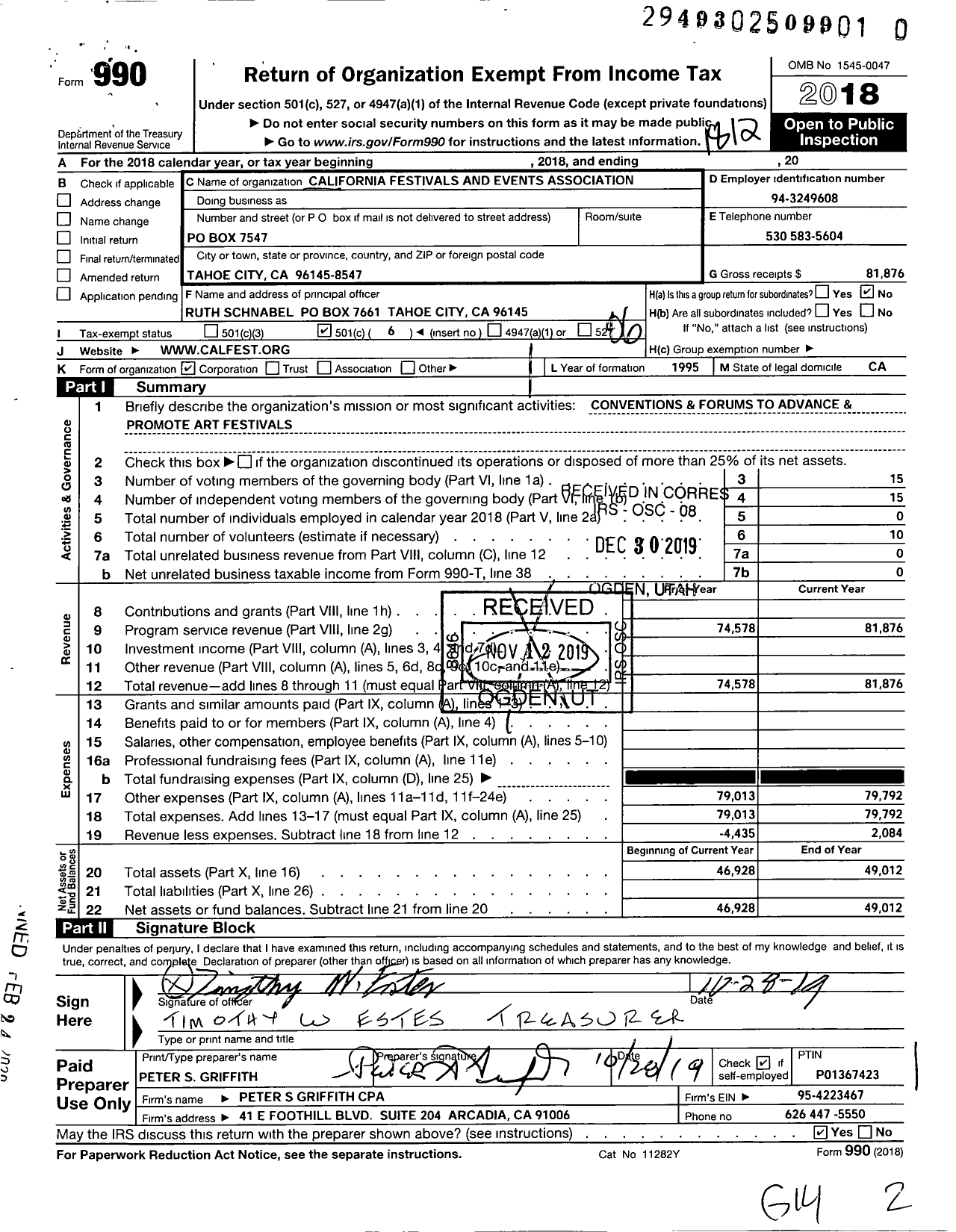 Image of first page of 2018 Form 990O for California Festivals and Events Association