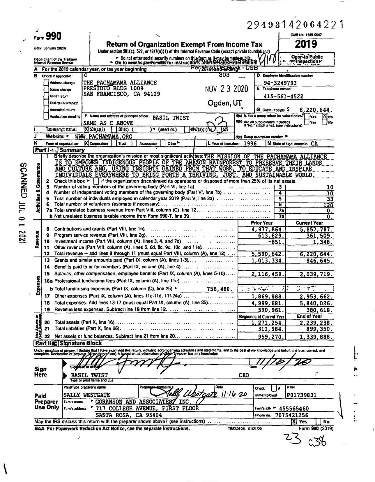 Image of first page of 2019 Form 990 for The Pachamama Alliance