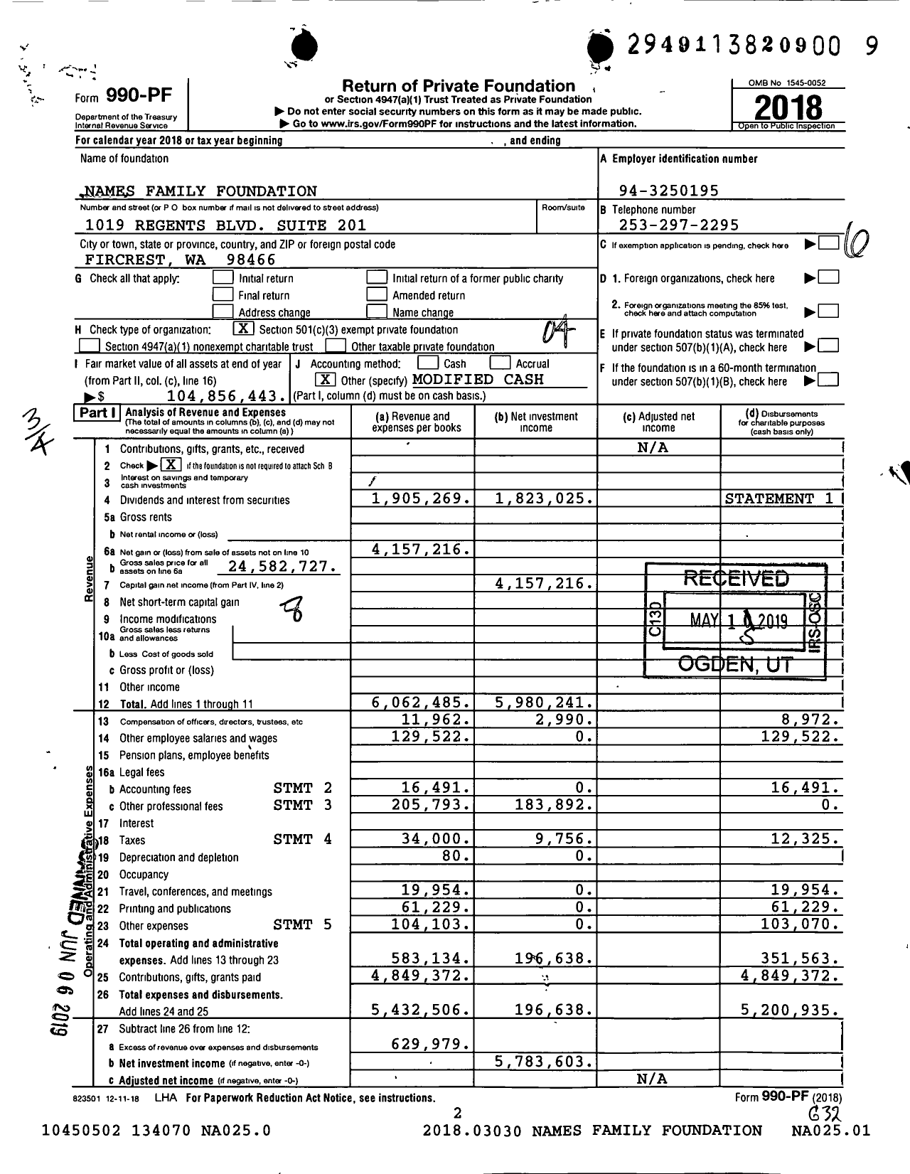 Image of first page of 2018 Form 990PF for Names Family Foundation