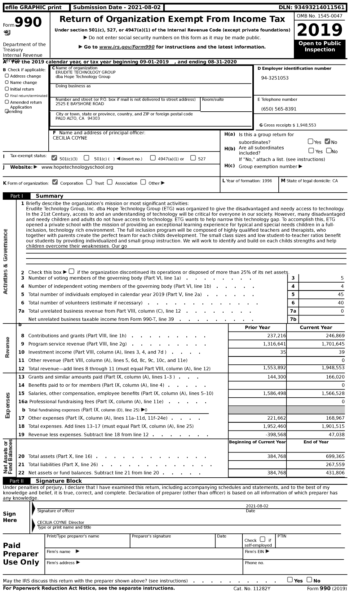 Image of first page of 2019 Form 990 for Hope Technology GROUP