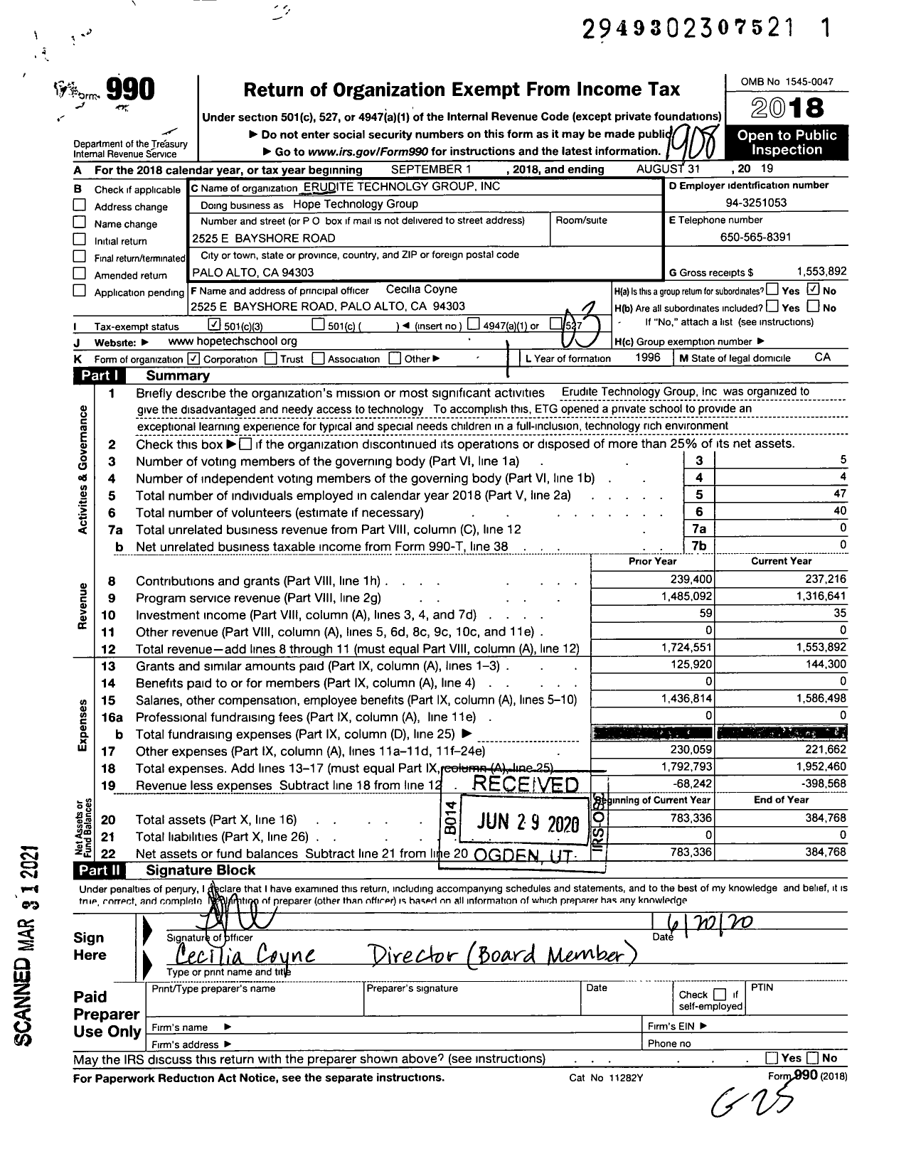 Image of first page of 2018 Form 990 for Hope Technology GROUP