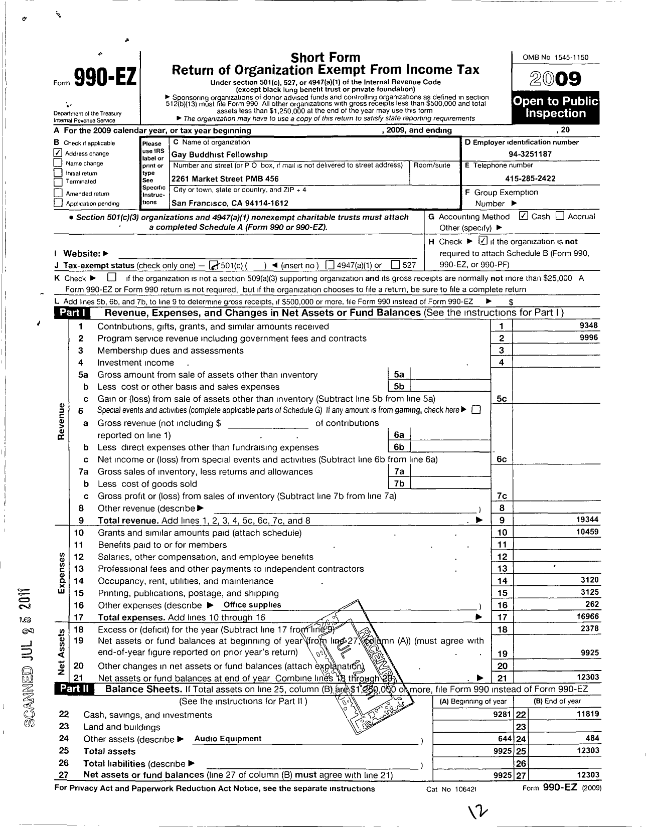 Image of first page of 2009 Form 990EO for Gay Buddhist Fellowship