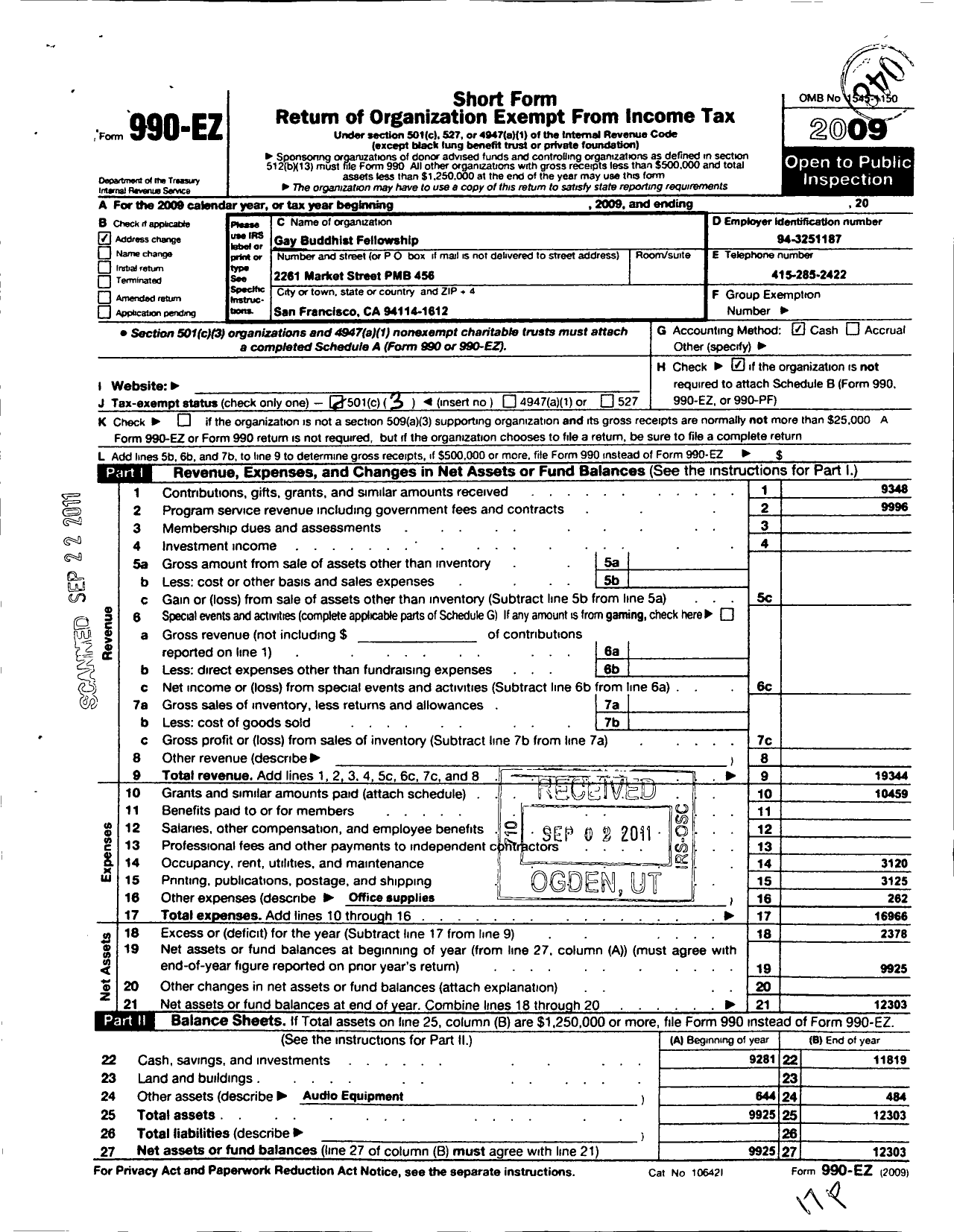 Image of first page of 2009 Form 990EZ for Gay Buddhist Fellowship