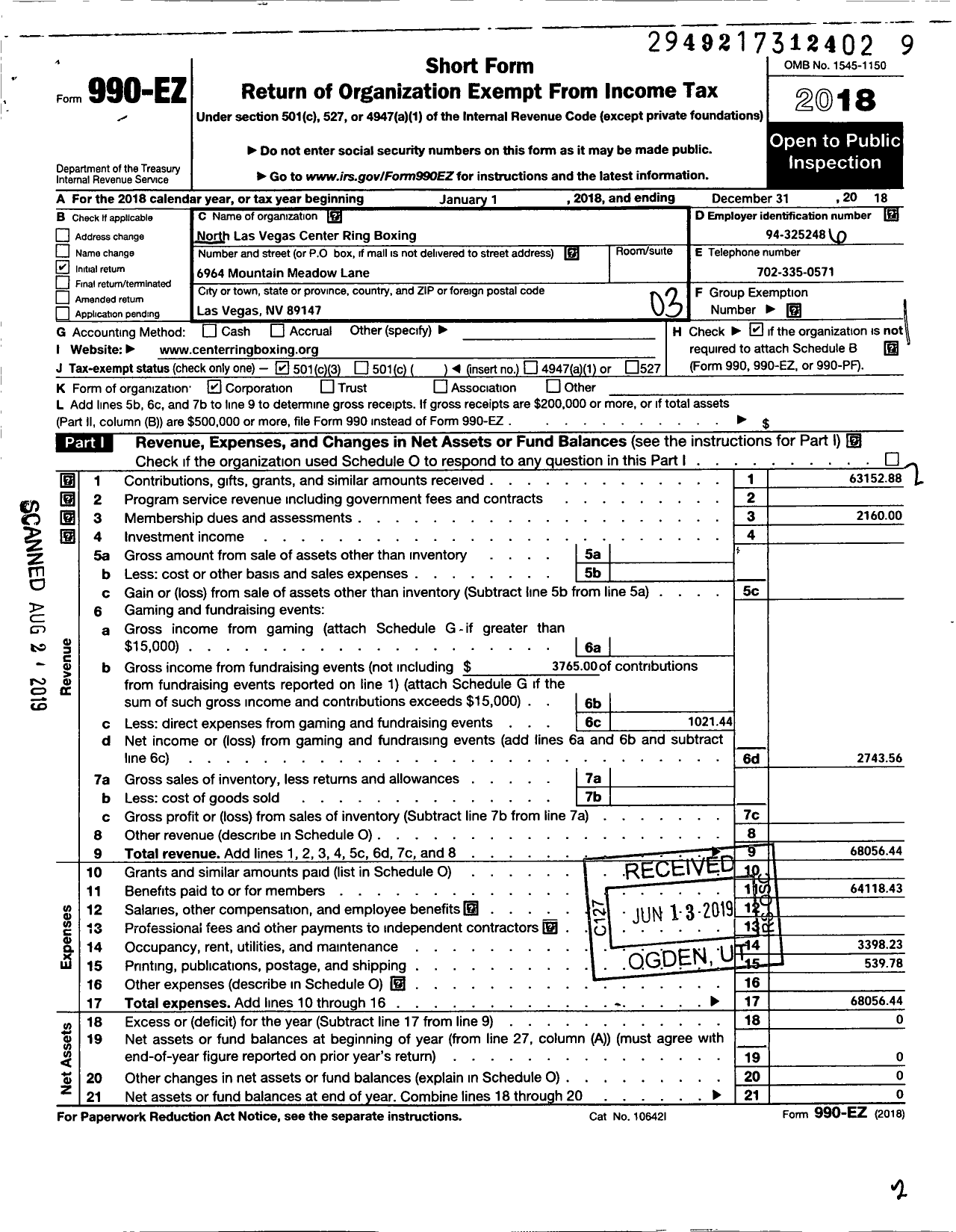 Image of first page of 2018 Form 990EZ for North Las Vegas Center Ring Boxing