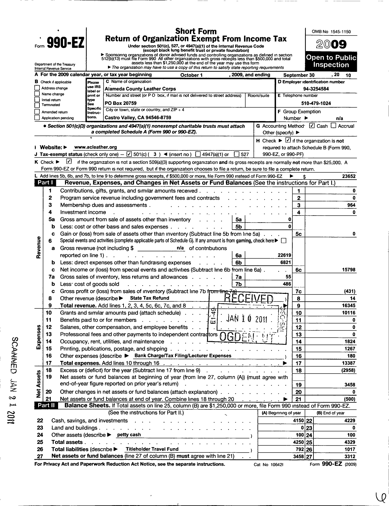 Image of first page of 2009 Form 990EZ for Alameda County Leather Corporation