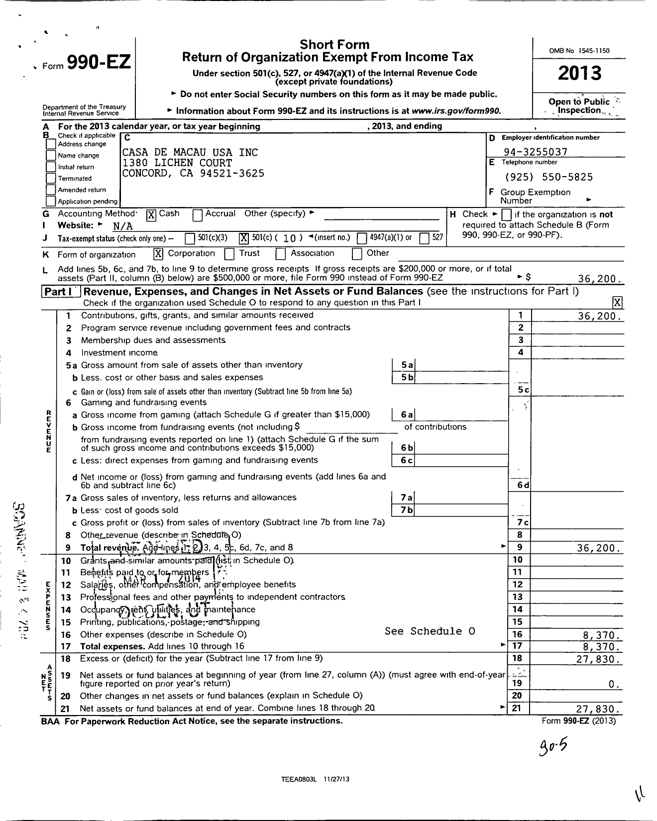 Image of first page of 2013 Form 990EO for Casa de Macau USA