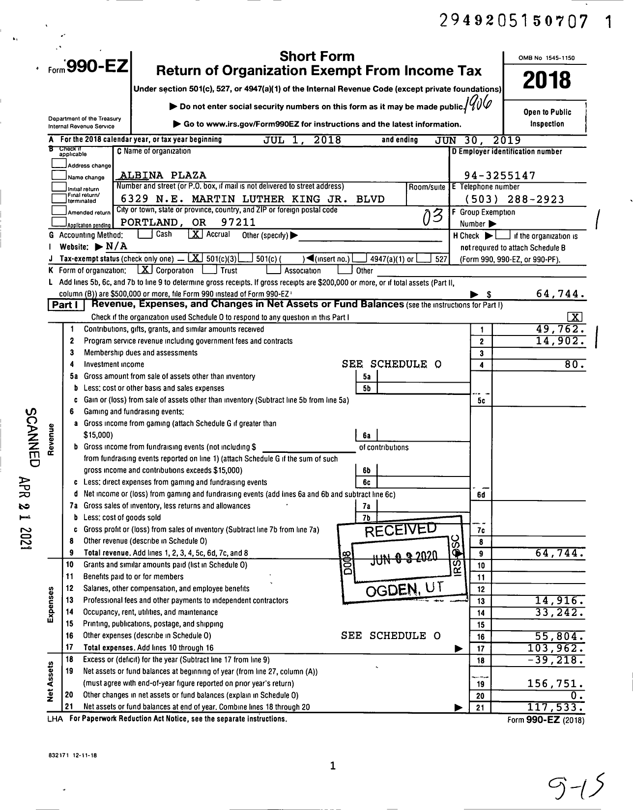 Image of first page of 2018 Form 990EZ for Albina Plaza