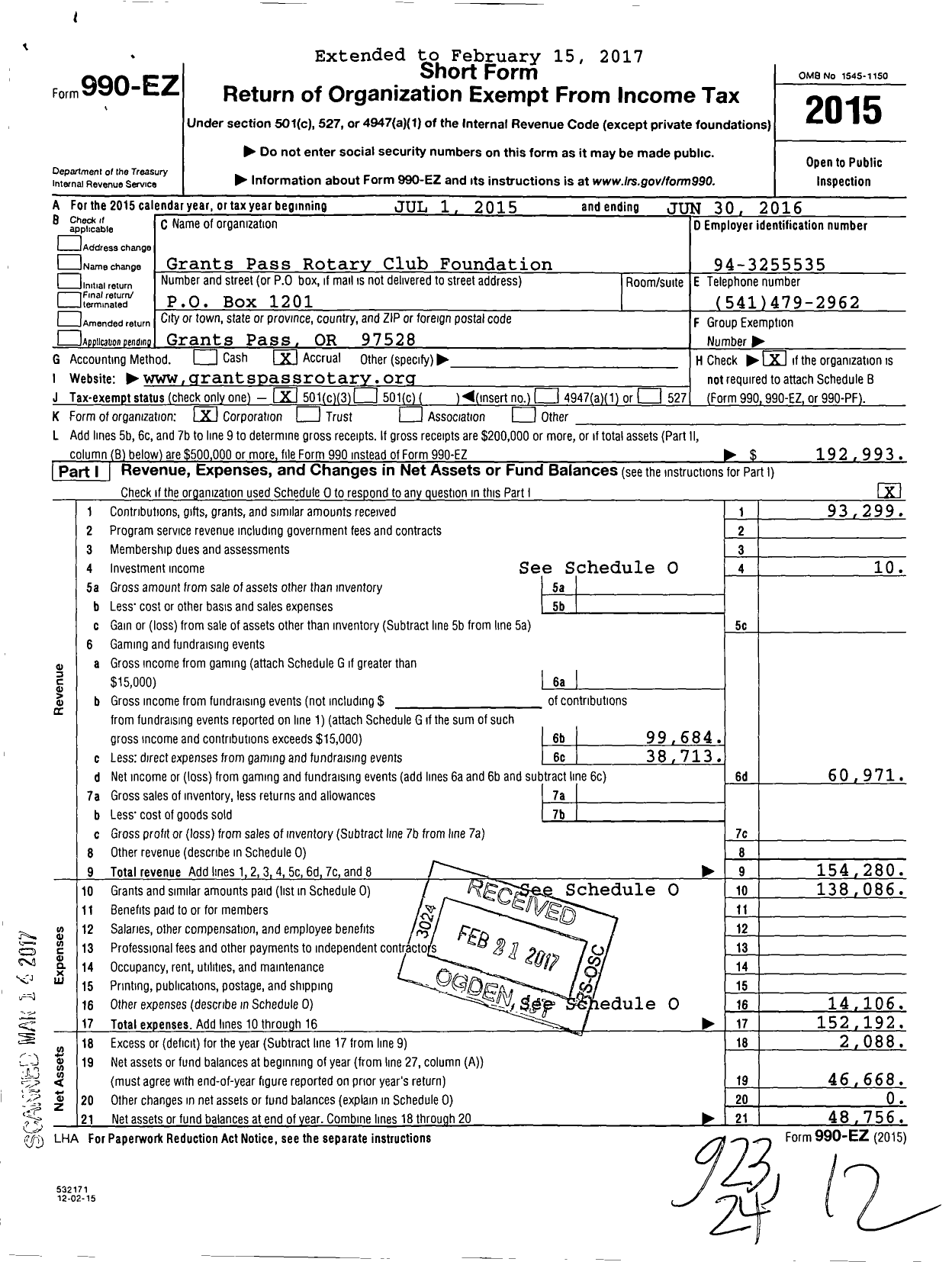 Image of first page of 2015 Form 990EZ for Grants Pass Rotary Club Foundation