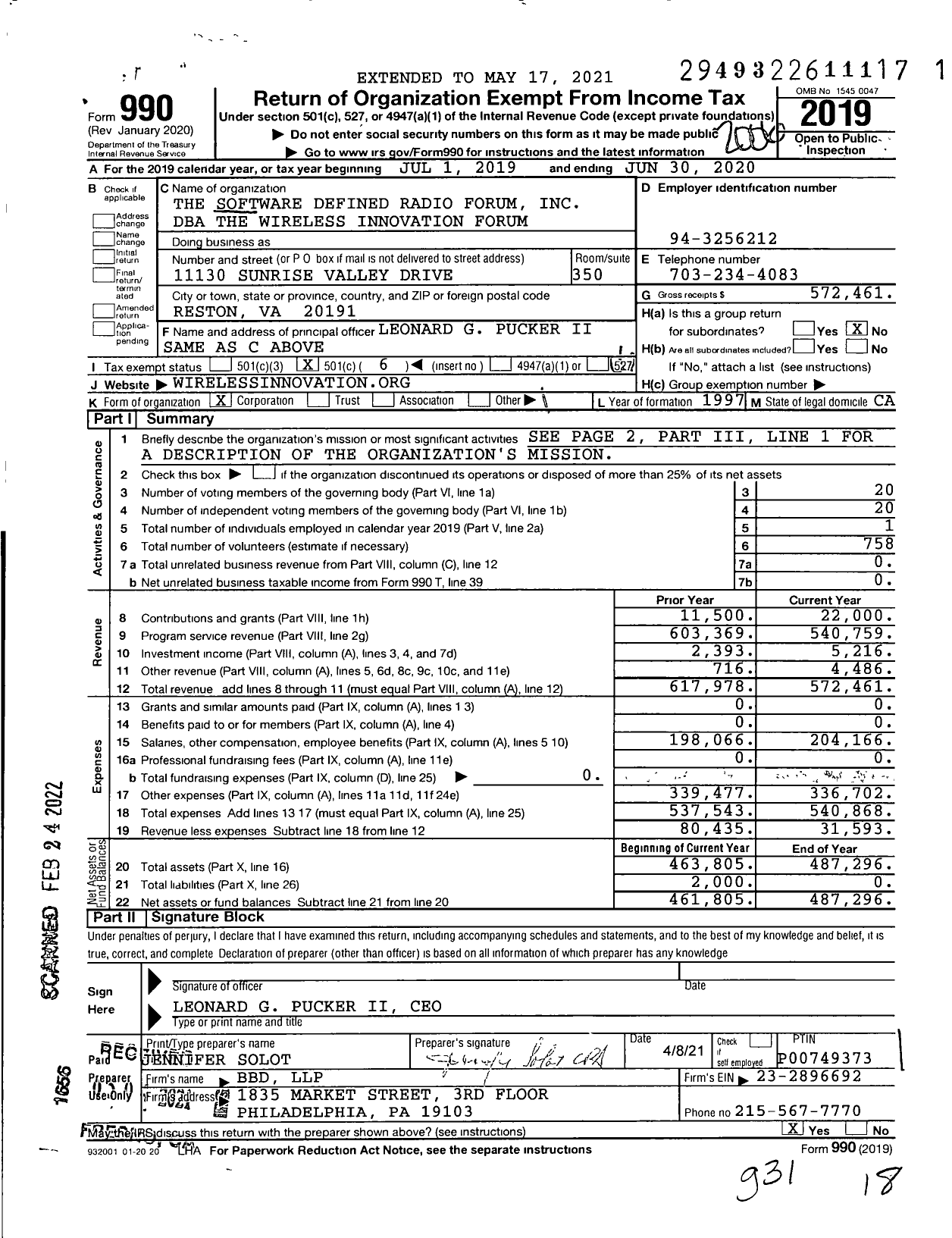 Image of first page of 2019 Form 990O for The Wireless Innovation Forum