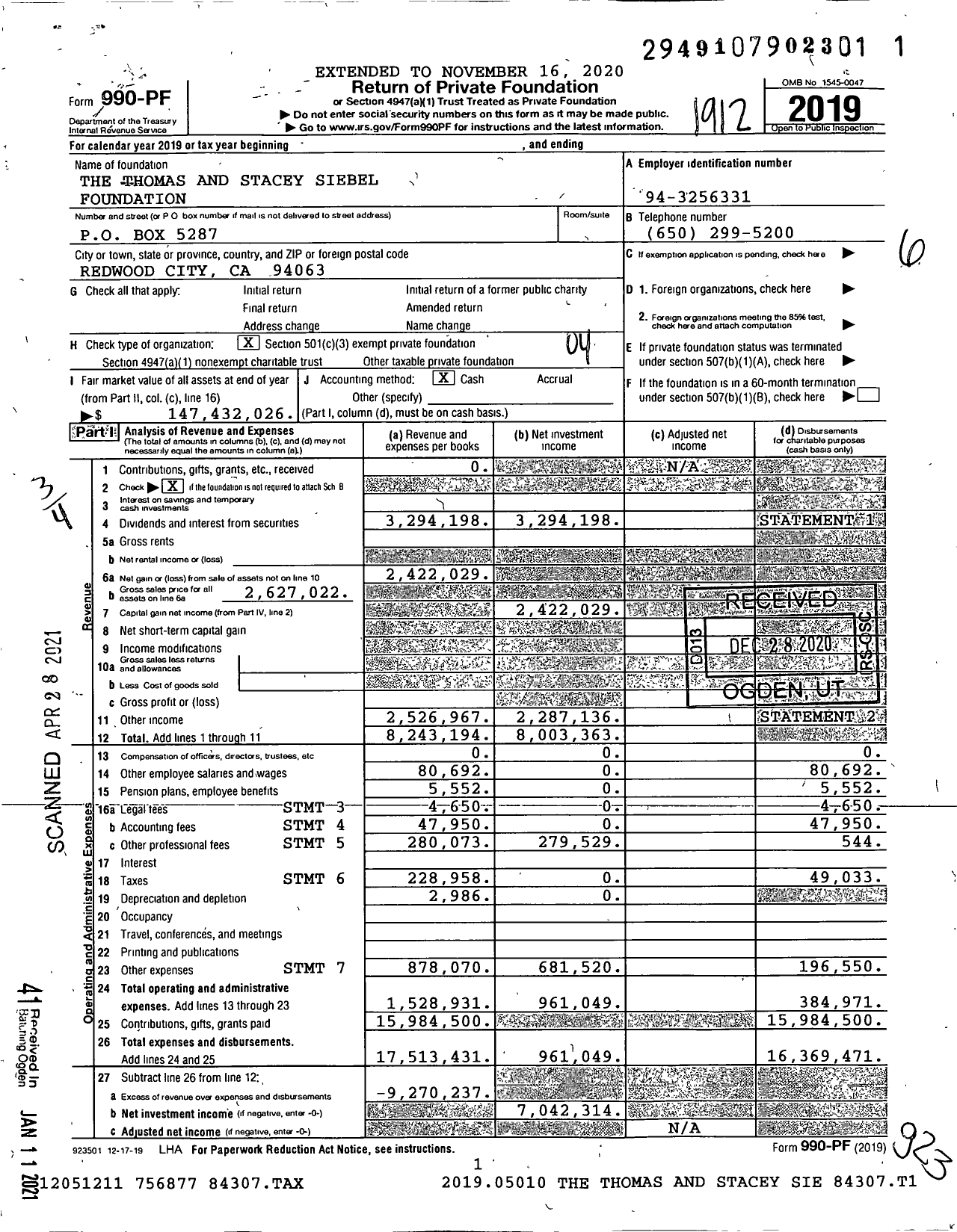 Image of first page of 2019 Form 990PF for Thomas and Stacey Siebel Foundation