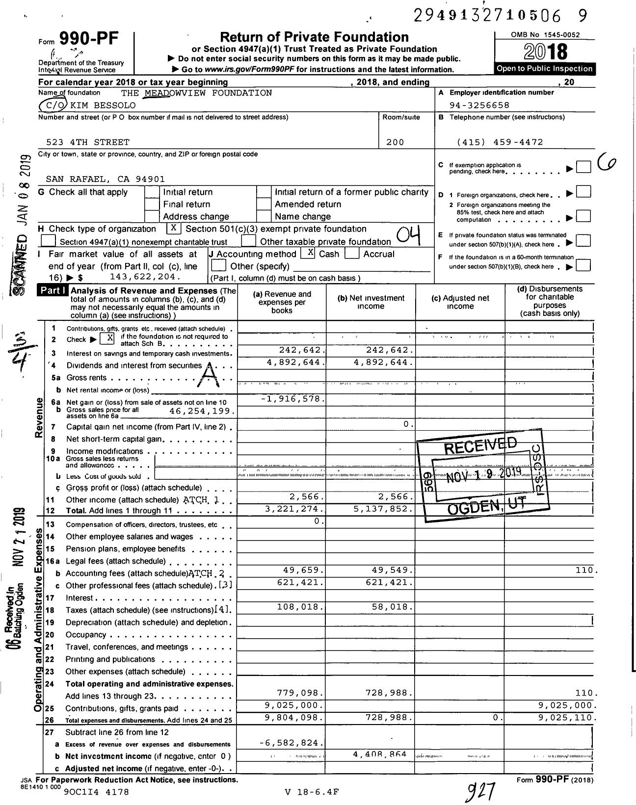 Image of first page of 2018 Form 990PF for The Meadowview Foundation