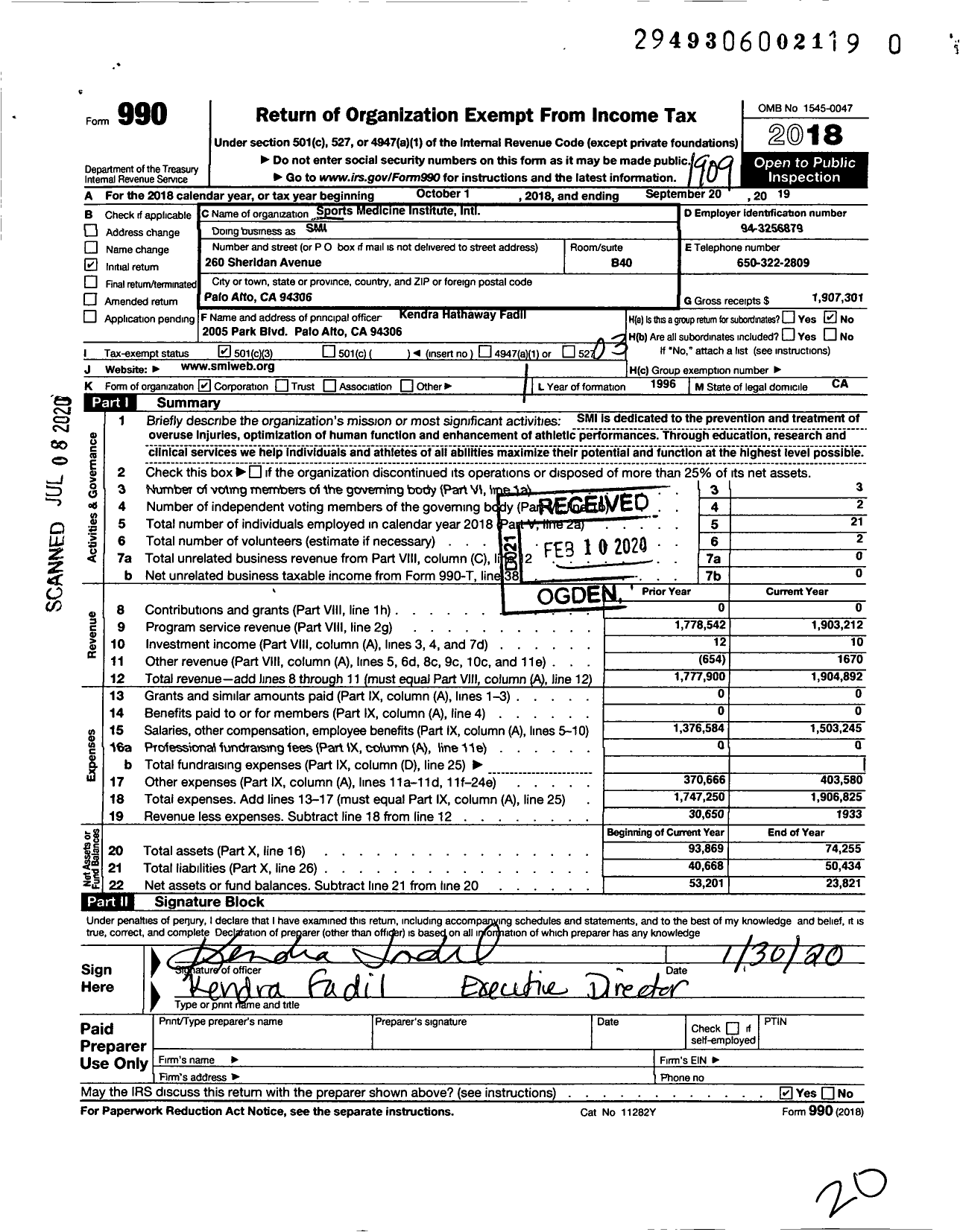 Image of first page of 2018 Form 990 for Sports Medicine Institute International (SMI)