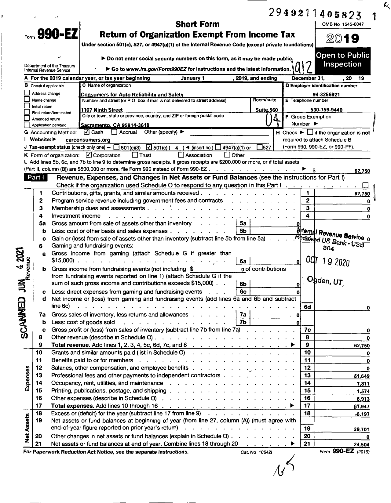 Image of first page of 2019 Form 990EO for Consumers for Auto Reliability and Safety