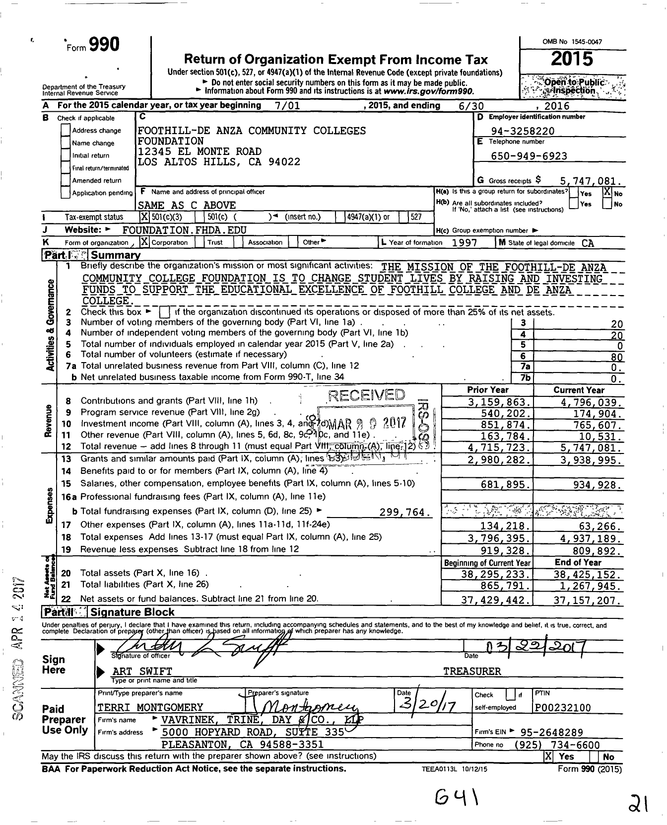 Image of first page of 2015 Form 990 for Foothill-Deanza Community Colleges Foundation