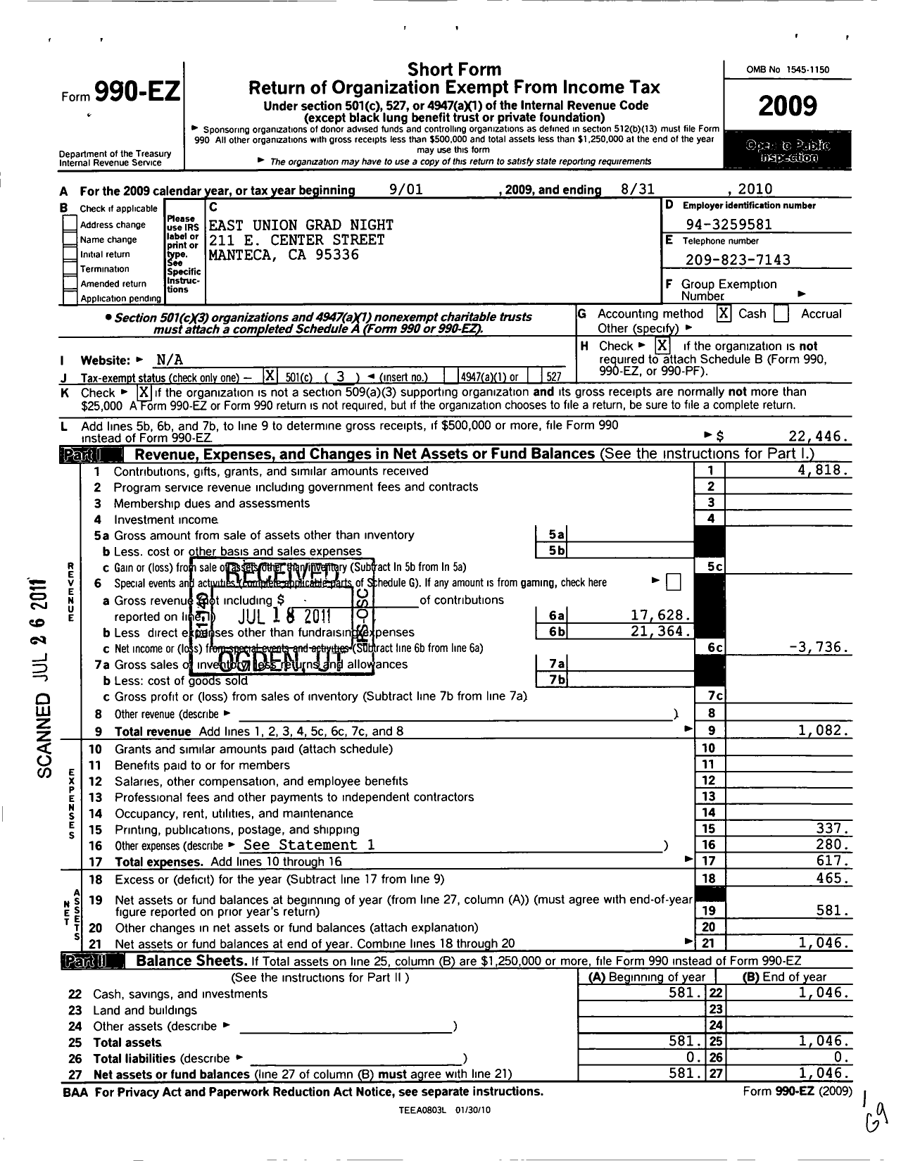 Image of first page of 2009 Form 990EZ for East Union Grad Night