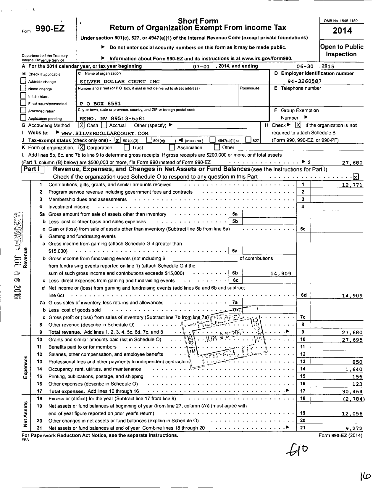 Image of first page of 2014 Form 990EZ for Silver Dollar Court