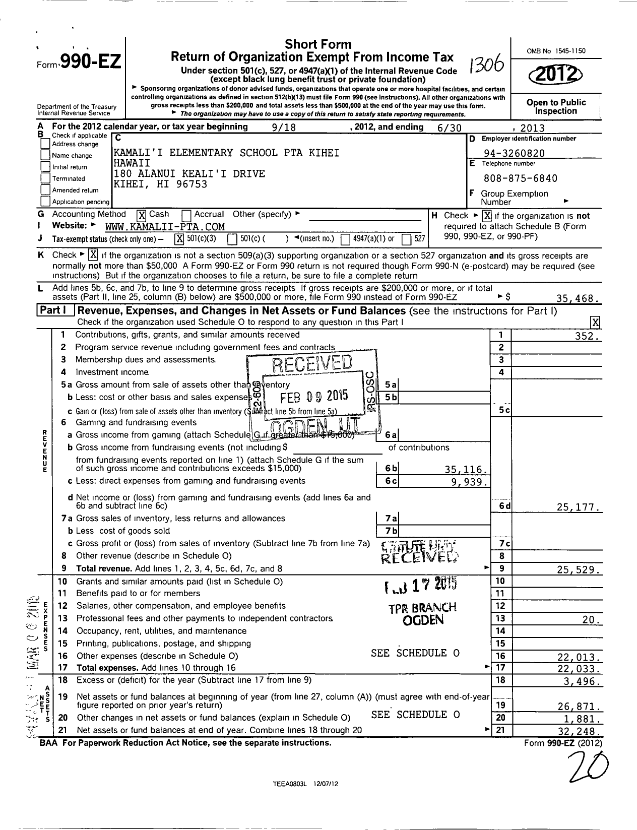 Image of first page of 2012 Form 990EZ for PTA Hawaii Congress