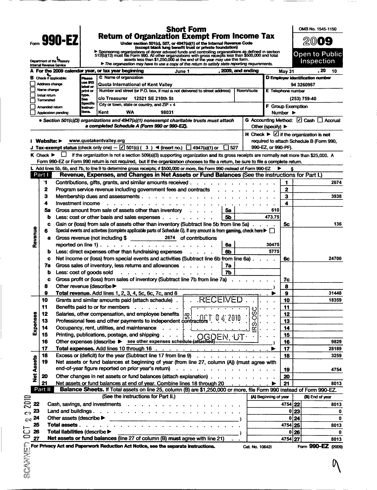 Image of first page of 2009 Form 990EZ for Quota of Kent Valley