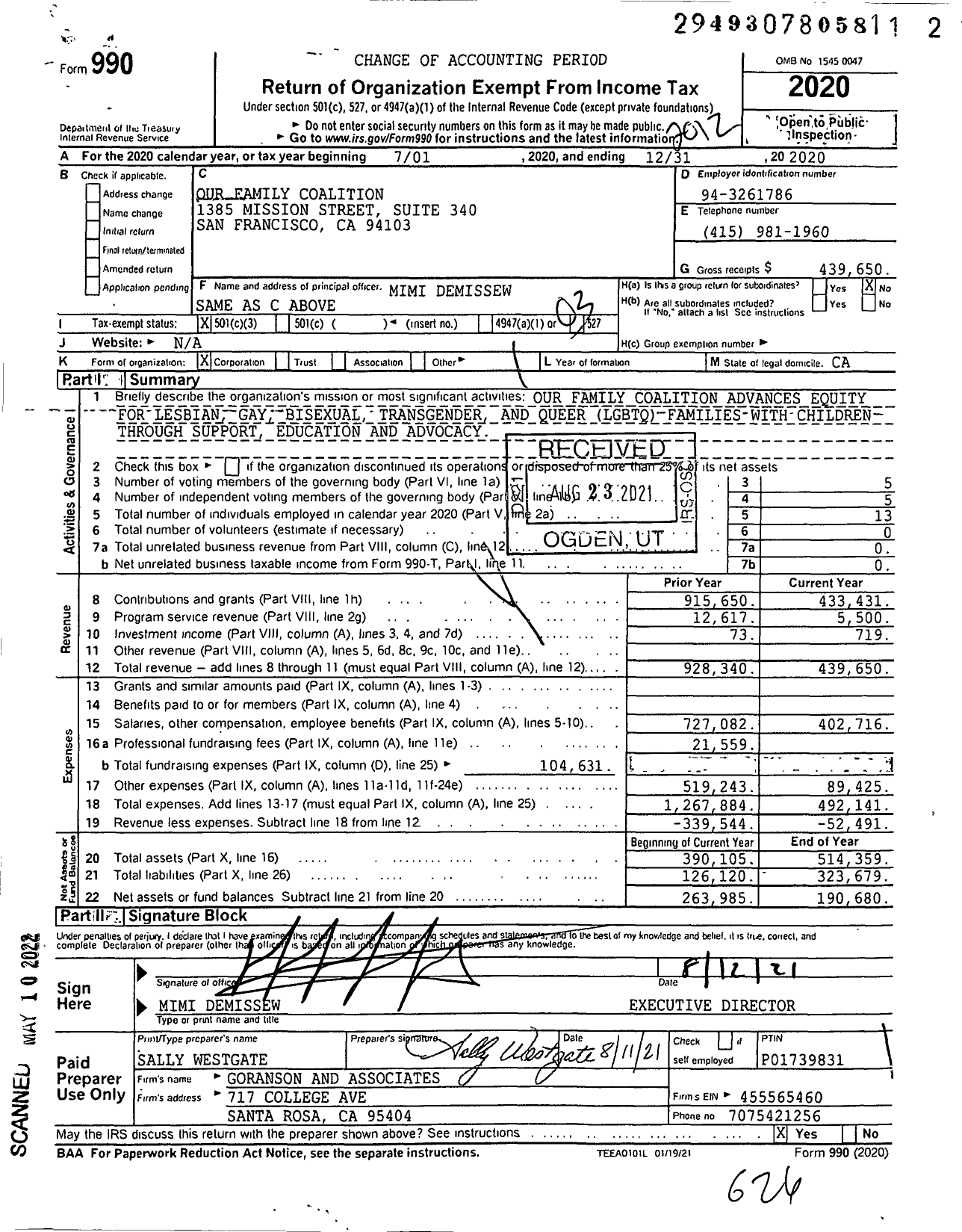 Image of first page of 2020 Form 990 for Our Family Coalition