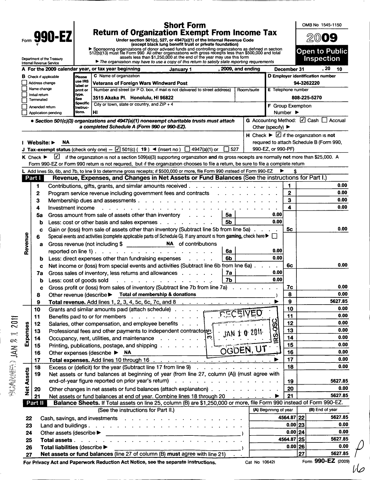 Image of first page of 2010 Form 990EO for Veterans of Foreign Wars Windward Post No 10154 Veterans of Foreign