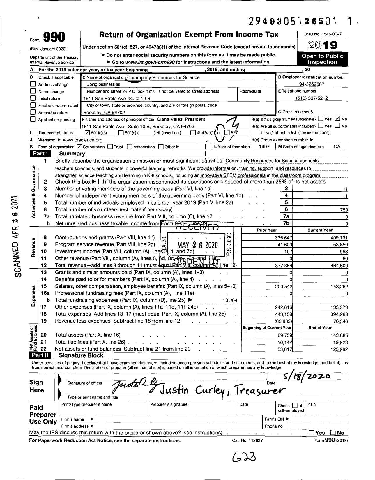 Image of first page of 2019 Form 990 for Community Resources for Science