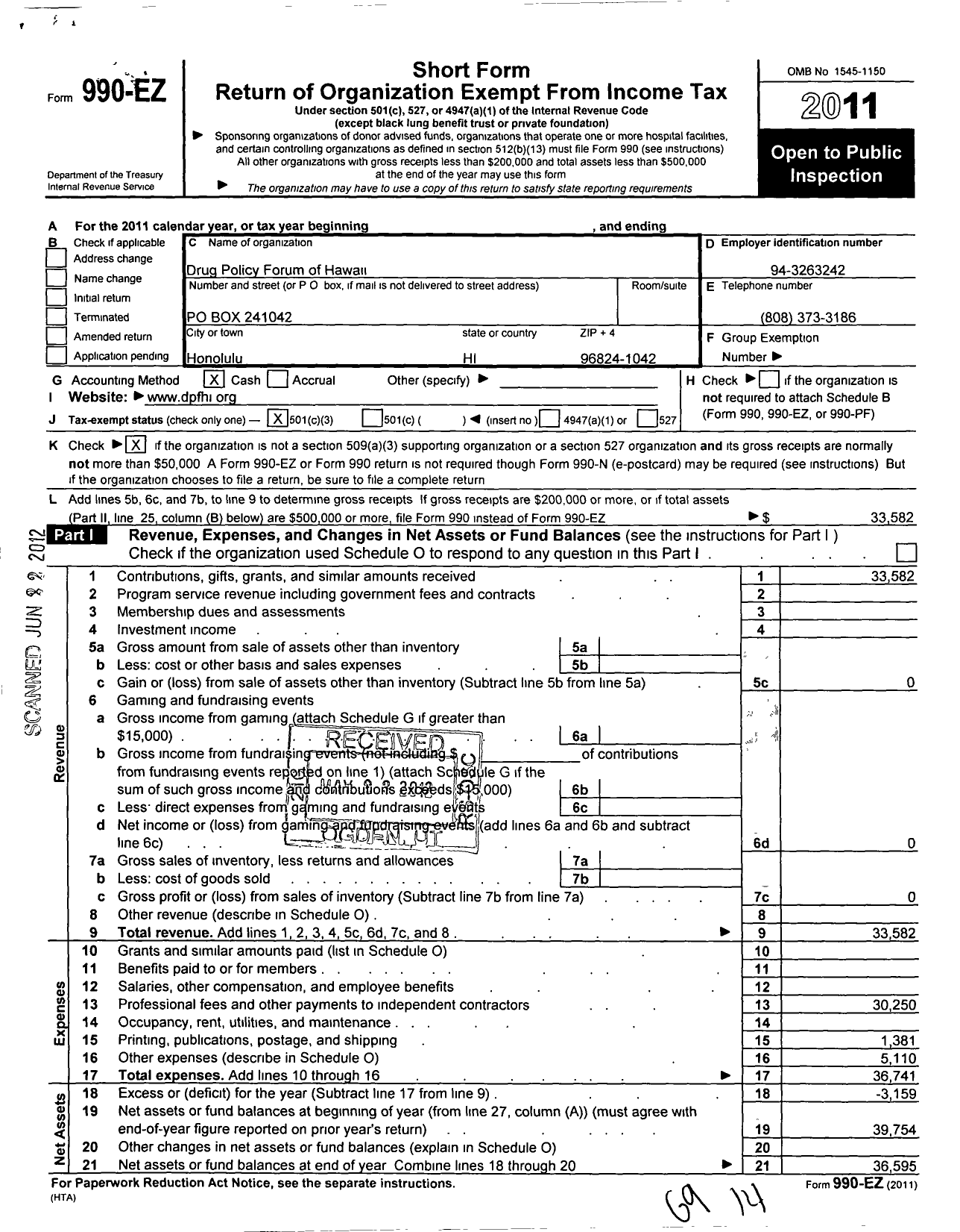 Image of first page of 2011 Form 990EZ for Drug Policy Forum of Hawaii