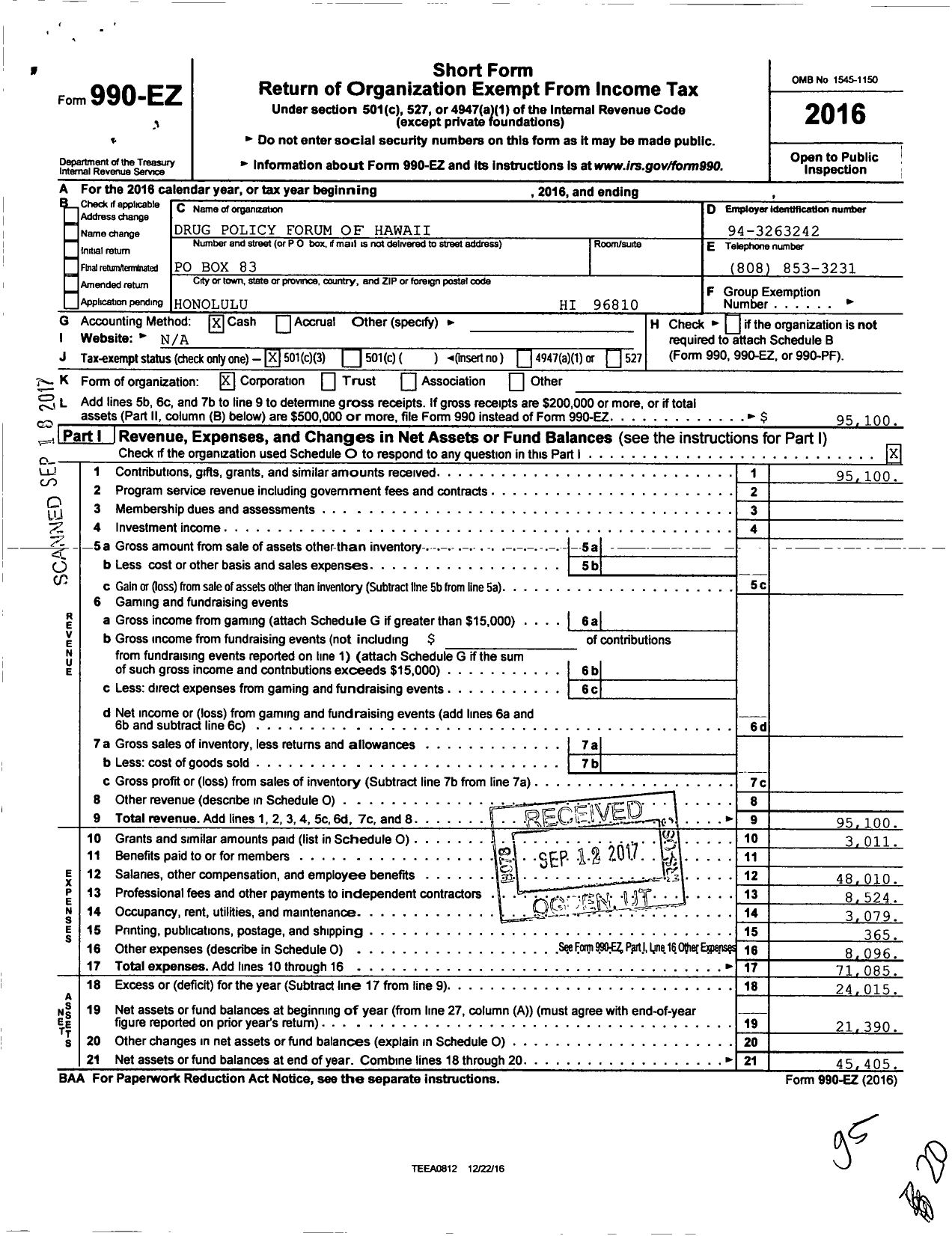 Image of first page of 2016 Form 990EZ for Drug Policy Forum of Hawaii