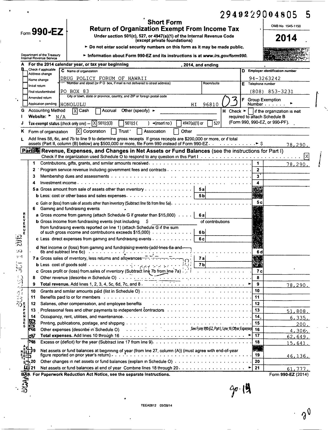 Image of first page of 2014 Form 990EZ for Drug Policy Forum of Hawaii