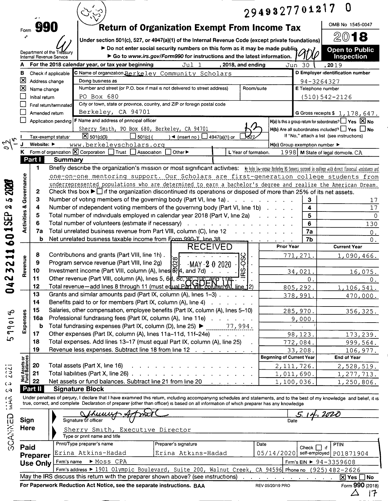 Image of first page of 2018 Form 990 for Berkeley Community Fund