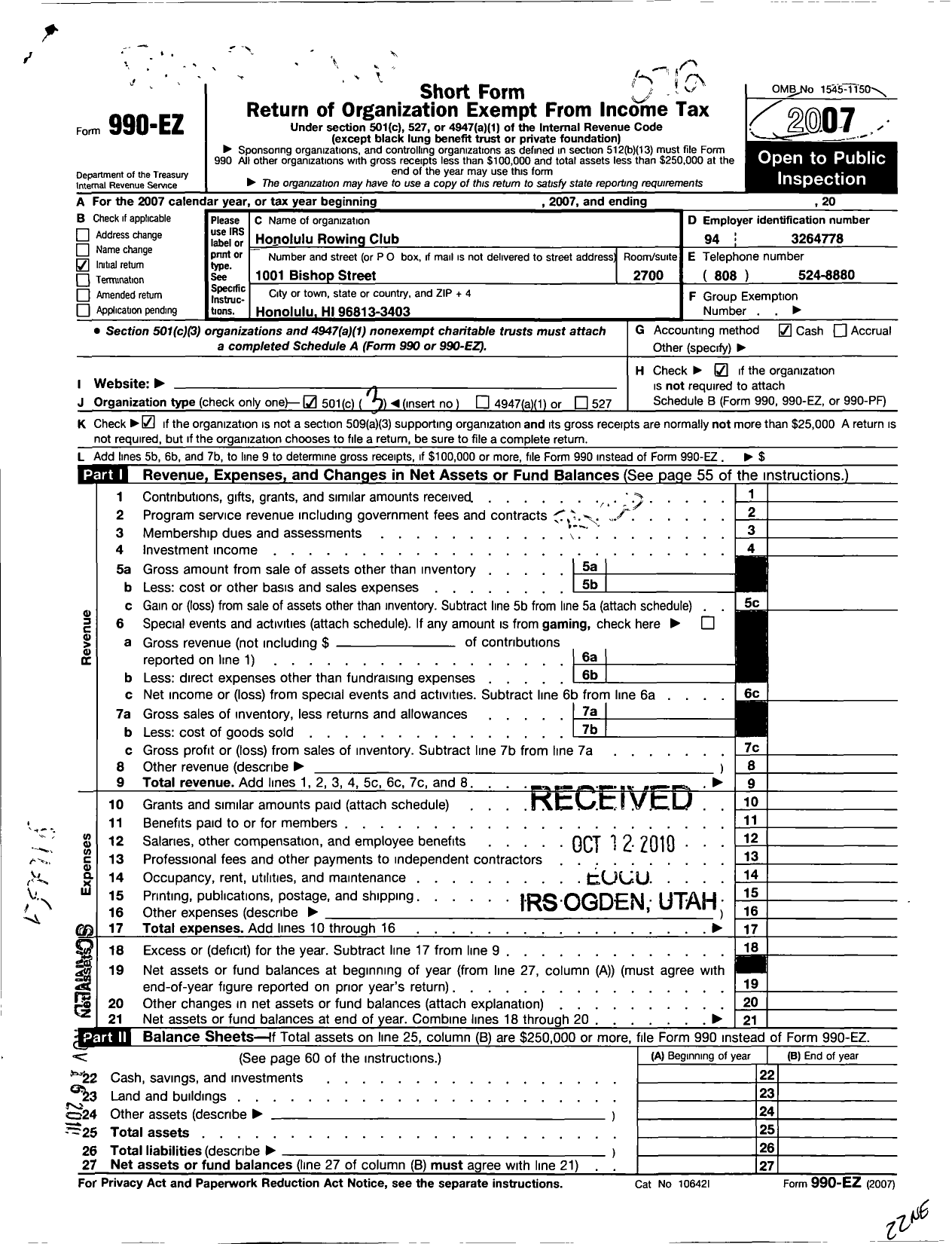 Image of first page of 2007 Form 990EZ for Honolulu Rowing Club