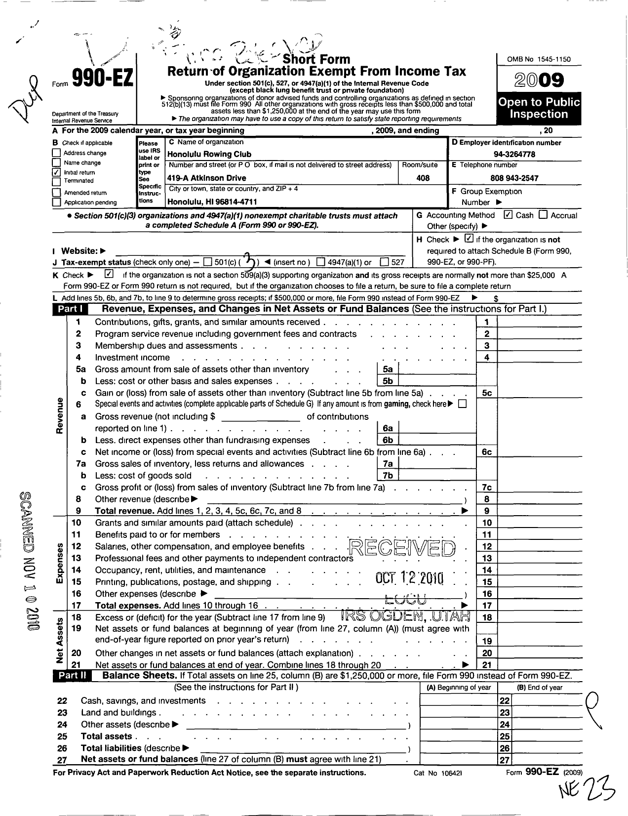 Image of first page of 2009 Form 990EZ for Honolulu Rowing Club