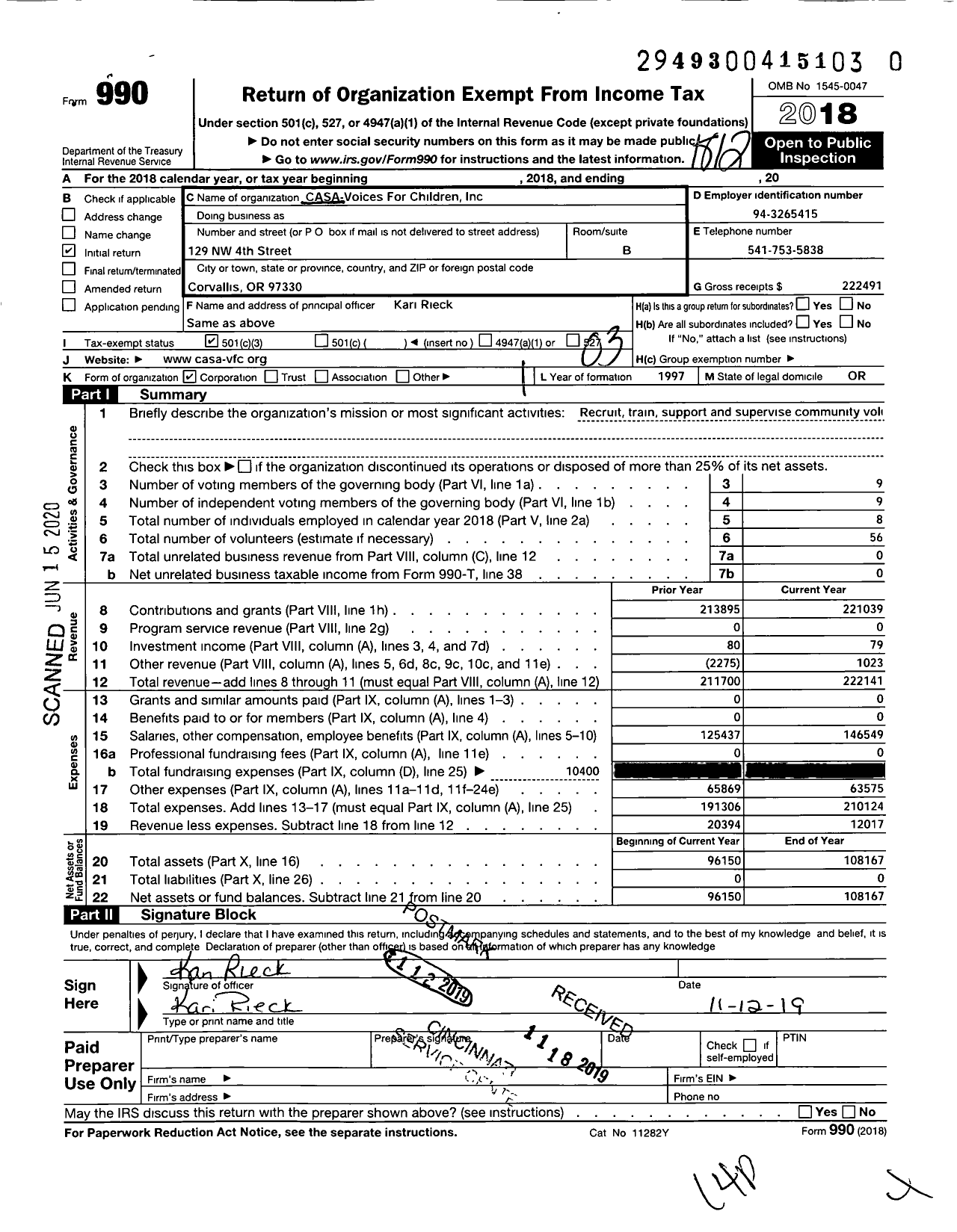 Image of first page of 2018 Form 990 for Casa-Voices For Children