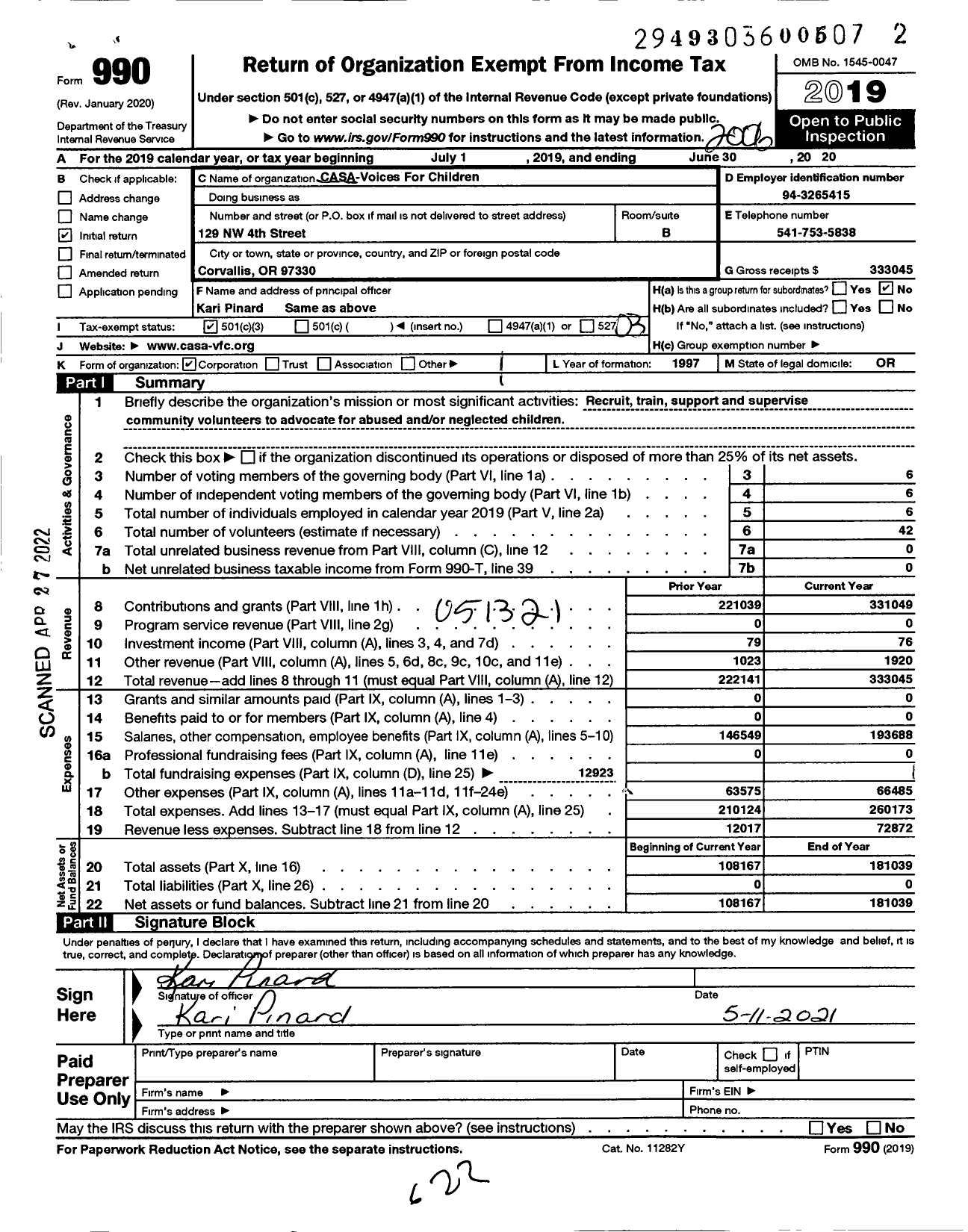 Image of first page of 2019 Form 990 for Casa-Voices For Children